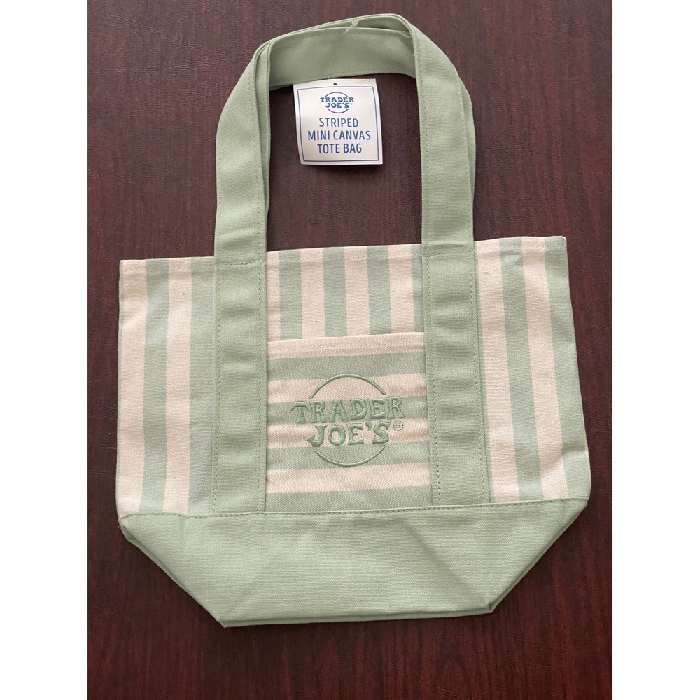 Trader Joes‎ Striped Mini Canvas Tote Bag Sage Green Cream Embroidered Logo NWT